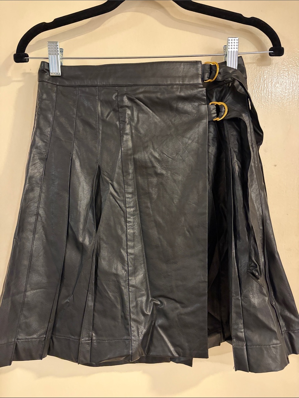 Tyler Boe Black faux Leather Pleated Wrap Skirt with Gold Buckle